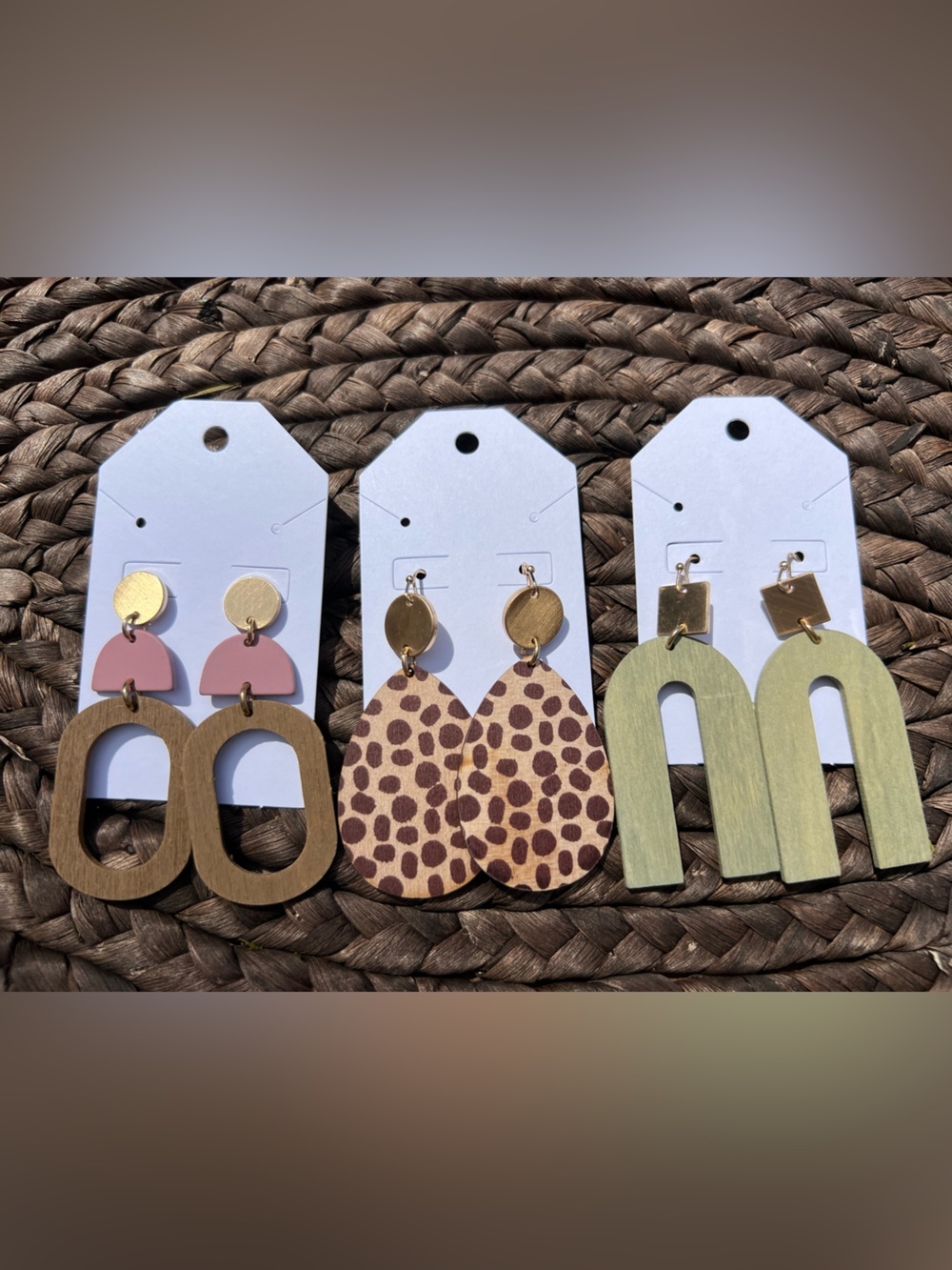 Lot of 3 Boho Wood Earrings Geometric Dangle Statement Gold Tone Lightweight